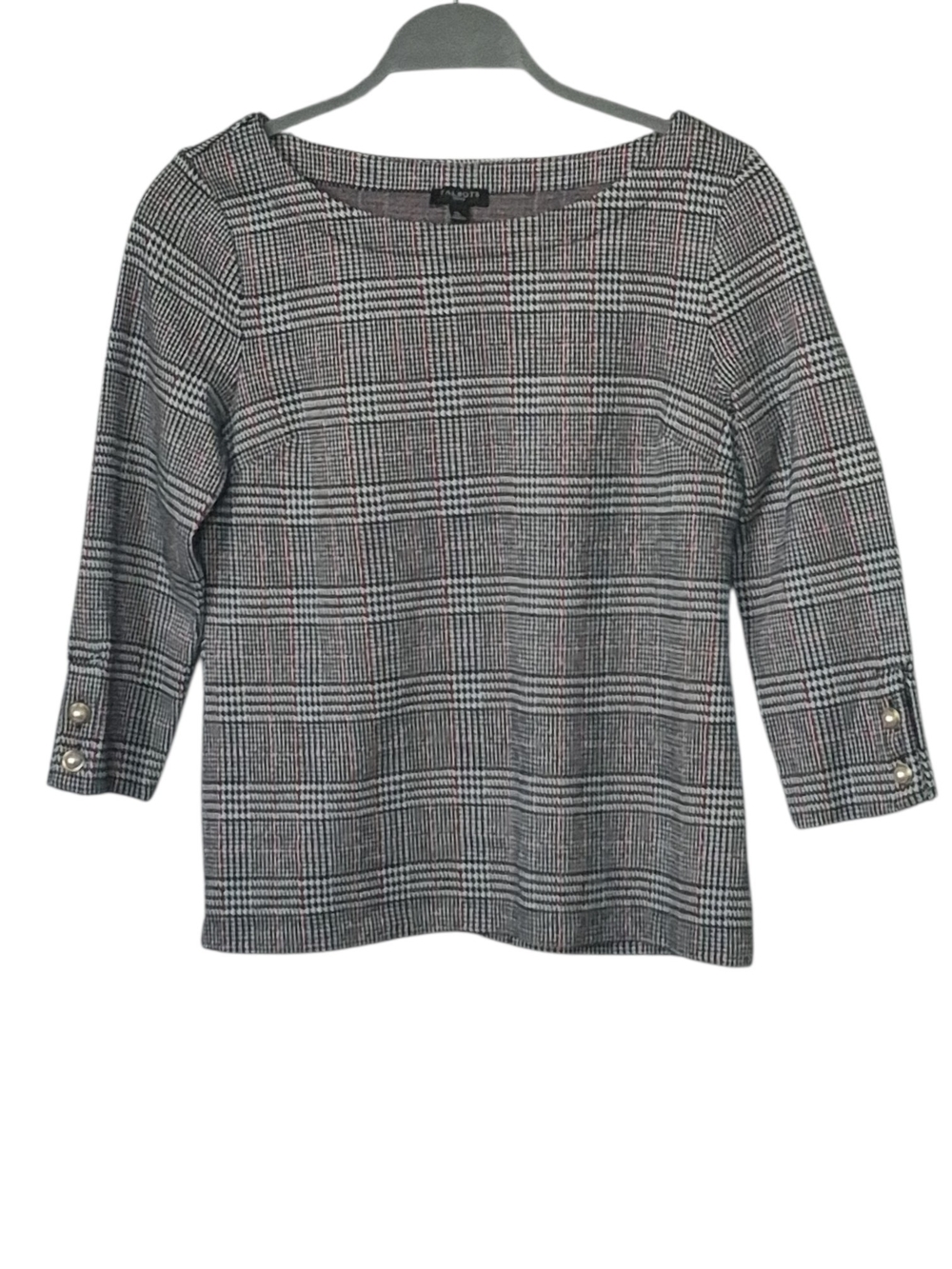 Talbots Pearl Button Cuff Plaid Top MP Bateau Neck Houndstooth Classic Preppy